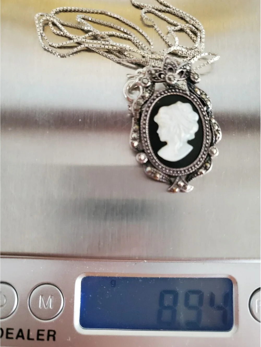 Vintage Sterling Silver Onyx Marcasite Cameo Brooch Pendant Necklace
